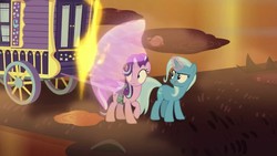 Size: 1280x720 | Tagged: safe, screencap, starlight glimmer, trixie, pony, unicorn, g4, road to friendship, barrier, duo, duo female, female, fire, fire swamp, flame geyser, magic, mare, shield, swamp, tongue out, trixie's wagon