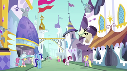 Size: 1280x720 | Tagged: safe, screencap, cayenne, chelsea porcelain, cultivar, lyrica lilac, minuette, octavia melody, sunshine smiles, swan song, earth pony, pony, unicorn, a rockhoof and a hard place, g4, background pony, canterlot, city, elderly, female, mare, street