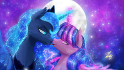 Size: 1024x576 | Tagged: safe, artist:lmkyouki, princess luna, twilight sparkle, alicorn, pony, g4, boop, ethereal mane, fangs, female, lesbian, licking, luna is not amused, mare, moon, night, noseboop, nuzzling, one sided shipping, outdoors, ship:twiluna, shipping, signature, smiling, smirk, spread wings, stars, tongue out, twilight sparkle (alicorn), unamused, wings