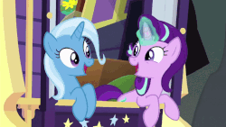 Size: 800x450 | Tagged: safe, screencap, starlight glimmer, trixie, pony, unicorn, g4, road to friendship, season 8, animated, cute, diatrixes, duo, duo female, female, glimmerbetes, glowing horn, horn, magic, magic aura, mare, singing, smiling, trixie's wagon, wagon, we're friendship bound