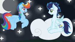 Size: 1328x752 | Tagged: safe, artist:amellia-rose, rainbow dash, soarin', pegasus, pony, g4, alternate hairstyle, cloud, female, looking at each other, male, ship:soarindash, shipping, straight