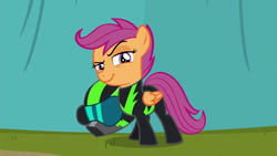 Size: 1920x1080 | Tagged: safe, screencap, scootaloo, pegasus, pony, g4, the washouts (episode), clothes, dreamworks face, female, filly, foal, goggles, helmet, pint-sized dynamite, raised eyebrow, smug, traitor, traitorloo, washouts uniform, wings