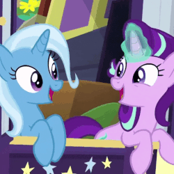 Size: 720x720 | Tagged: safe, screencap, starlight glimmer, trixie, pony, unicorn, g4, road to friendship, season 8, animated, cropped, cute, diatrixes, duo, duo female, female, glimmerbetes, glowing horn, horn, loop, magic, magic aura, mare, perfect loop, singing, trixie's wagon, wagon, we're friendship bound