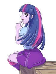 Size: 2728x3637 | Tagged: safe, artist:sumin6301, twilight sparkle, equestria girls, g4, clothes, female, high res, leg warmers, looking at you, looking back, looking back at you, pleated skirt, sitting, skirt, solo
