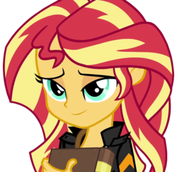 Size: 740x720 | Tagged: safe, artist:mlpcreativelab, sunset shimmer, equestria girls, g4, bedroom eyes, book, clothes, female, jacket, lidded eyes, show accurate, simple background, smiling, solo, transparent background