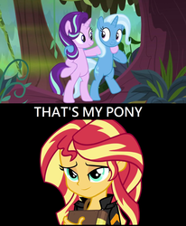Size: 1276x1548 | Tagged: safe, screencap, starlight glimmer, sunset shimmer, trixie, equestria girls, g4, road to friendship, bipedal, book, hug, meme, smiling, smirk, that's my x