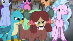 Size: 1280x720 | Tagged: safe, screencap, fine catch, gallus, silverstream, yona, classical hippogriff, griffon, hippogriff, yak, a rockhoof and a hard place, g4, female, friendship student, griffon teeth, grin, male, smiling, smirk