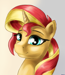Size: 2500x2900 | Tagged: safe, artist:dukevonkessel, sunset shimmer, pony, unicorn, g4, bust, female, high res, mare, portrait, simple background, smiling, solo