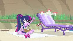 Size: 1920x1080 | Tagged: safe, screencap, sci-twi, twilight sparkle, equestria girls, equestria girls specials, g4, my little pony equestria girls: better together, my little pony equestria girls: forgotten friendship, 8^y, beach chair, chair, clothes, drone, faic, feet, female, flip-flops, geode of telekinesis, glasses, go sports, one-piece swimsuit, ponytail, sandals, sci-twi swimsuit, selfie drone, solo, swimsuit