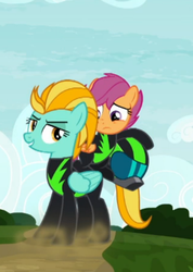 Size: 433x608 | Tagged: safe, screencap, lightning dust, scootaloo, pegasus, pony, g4, the washouts (episode), clothes, cropped, duo, female, filly, helmet, mare, nervous, pint-sized dynamite, smiling, uniform, washouts uniform, wings
