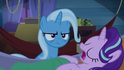 Size: 1255x706 | Tagged: safe, screencap, starlight glimmer, trixie, pony, unicorn, g4, road to friendship, annoyed, bags under eyes, duo, duo female, female, hammock, mare, sleeping, snorelight glimmer, snoring, tired, trixie is not amused, unamused