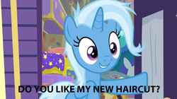 Size: 1276x716 | Tagged: safe, edit, edited screencap, screencap, trixie, g4, road to friendship, alternate hairstyle, bronybait, grin, haircut, image macro, meme, smiling