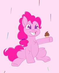 Size: 637x796 | Tagged: safe, artist:reinicorn, pinkie pie, earth pony, pony, g4, alternate eye color, chest fluff, chocolate, colored sketch, cupcake, female, food, grin, leg fluff, looking at you, mare, offering, pink background, purple eyes, scrunchie, simple background, sitting, smiling, solo