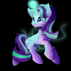 Size: 1250x1250 | Tagged: safe, artist:lunar froxy, starlight glimmer, pony, unicorn, g4, black background, eye clipping through hair, eyebrows, eyebrows visible through hair, female, glowing horn, glowing lines, horn, magic, magic aura, mare, simple background, solo