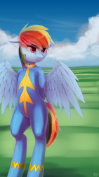 Size: 1440x2560 | Tagged: safe, artist:quvr, rainbow dash, pegasus, pony, semi-anthro, g4, wonderbolts academy, bipedal, clothes, female, latex, latex suit, mare, solo, uniform, wonderbolts uniform