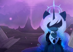 Size: 1101x792 | Tagged: safe, artist:magnaluna, princess luna, alicorn, pony, zefiros codex, g4, alternate design, alternate universe, color porn, female, hair over eyes, halo, looking down, missing accessory, scenery, solo, white-haired luna