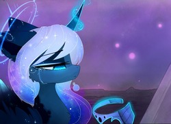 Size: 1101x795 | Tagged: safe, artist:magnaluna, princess luna, pony, zefiros codex, g4, alternate design, alternate universe, crown, crying, curved horn, cute, cute little fangs, fangs, female, halo, horn, jewelry, looking at something, magic, regalia, scenery, solo, white-haired luna