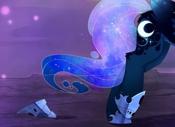 Size: 1101x803 | Tagged: safe, artist:magnaluna, princess luna, pony, zefiros codex, g4, alternate universe, beautiful, color porn, colored wings, colored wingtips, female, scenery, solo, walking away