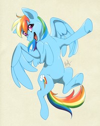 Size: 1021x1280 | Tagged: safe, artist:alicelgagne, rainbow dash, pegasus, pony, g4, action pose, female, flying, looking at you, open mouth, raised leg, signature, simple background, smiling, solo, time to be awesome, underhoof