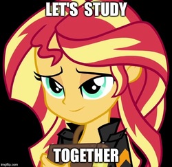 Size: 513x499 | Tagged: safe, artist:mlpcreativelab, edit, sunset shimmer, equestria girls, g4, beautiful, black background, book, bronybait, clothes, cute, female, image macro, jacket, looking at you, meme, simple background, smiling