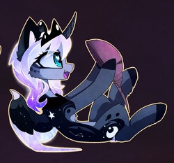 Size: 1280x1194 | Tagged: safe, alternate version, artist:magnaluna, princess luna, alicorn, horseshoe crab, pony, g4, bat wings, curved horn, cute, cute little fangs, fangs, female, happy, horn, lunabetes, mare, simple background, solo