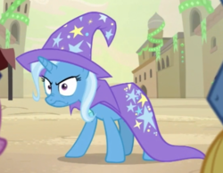 Size: 542x420 | Tagged: safe, screencap, trixie, pony, unicorn, g4, road to friendship, angry, cape, clothes, cropped, female, glare, hat, mare, solo, trixie's cape, trixie's hat