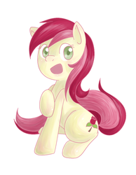 Size: 700x900 | Tagged: safe, artist:lourita-shine, roseluck, earth pony, pony, g4, cute, female, looking at you, open mouth, raised hoof, simple background, sitting, solo, white background