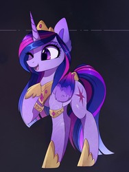Size: 1280x1699 | Tagged: safe, alternate version, artist:magnaluna, twilight sparkle, alicorn, pony, g4, colored wings, colored wingtips, cute, female, hoof shoes, jewelry, looking at something, mare, older, older twilight, one eye closed, regalia, solo, twiabetes, twilight sparkle (alicorn), ultimate twilight, wings, wink