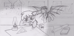 Size: 1782x886 | Tagged: safe, artist:lockerobster, cherry berry, earth pony, pony, g4, background pony, female, flying machine, hot air balloon, mannequin, monochrome, solo, traditional art