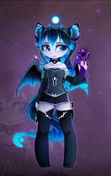 Size: 1214x1920 | Tagged: safe, alternate version, artist:magnaluna, princess luna, anthro, unguligrade anthro, g4, ambiguous facial structure, bat wings, breasts, choker, clothes, corset, dress, evening gloves, female, gloves, knife, long gloves, looking at something, magic, magic orb, nail polish, scabbard, smiling, socks, solo, thigh highs, zettai ryouiki