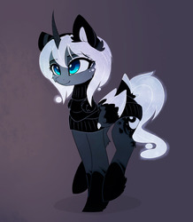 Size: 1205x1384 | Tagged: safe, artist:magnaluna, princess luna, alicorn, pony, zefiros codex, g4, alternate design, alternate hairstyle, alternate universe, boots, clothes, colored wings, colored wingtips, cute, ear fluff, female, flowing mane, lunabetes, mare, missing accessory, shoes, solo, sweater, weapons-grade cute, white-haired luna