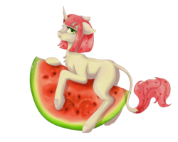 Size: 1280x1024 | Tagged: safe, artist:evlass, oc, oc only, pony, butt, chest fluff, digital art, female, food, looking at you, mare, pink hair, plot, simple background, solo, transparent background, watermelon