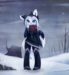 Size: 1471x1600 | Tagged: safe, artist:magnaluna, princess luna, alicorn, anthro, g4, alternate design, ambiguous facial structure, boots, clothes, ear fluff, female, mare, scarf, scenery, shoes, snow, snowfall, solo, tree