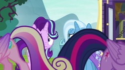 Size: 1280x720 | Tagged: safe, screencap, princess cadance, starlight glimmer, trixie, twilight sparkle, alicorn, pony, unicorn, g4, road to friendship, season 8, female, mare, out of context, sisters-in-law, sunshine sunshine, trixie's wagon, twilight sparkle (alicorn), worried