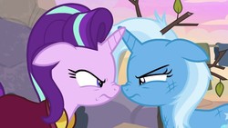 Size: 1280x720 | Tagged: safe, screencap, starlight glimmer, trixie, pony, unicorn, g4, road to friendship, boop, crossed horns, duo, duo female, eye contact, female, floppy ears, glare, horn, horns are touching, looking at each other, mare, messy mane, noseboop, tree branch