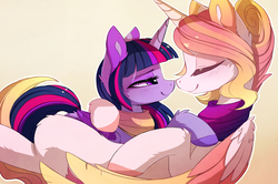 Size: 2344x1560 | Tagged: safe, artist:magnaluna, princess celestia, twilight sparkle, alicorn, pony, g4, clothes, colored wings, colored wingtips, cute, cutelestia, ear fluff, eyeshadow, female, hug, lesbian, looking at each other, makeup, nuzzling, scarf, ship:twilestia, shipping, twilight sparkle (alicorn), winghug