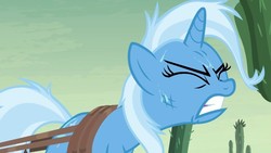 Size: 1280x720 | Tagged: safe, screencap, trixie, pony, unicorn, g4, road to friendship, eyes closed, female, gritted teeth, mare, pulling, rope, solo, sweat