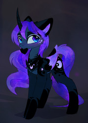 Size: 1280x1792 | Tagged: safe, artist:magnaluna, princess luna, alicorn, pony, g4, armor, blushing, body markings, colored wings, colored wingtips, curved horn, ear fluff, ethereal mane, female, flowing mane, heart, horn, mare, solo