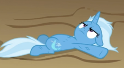 Size: 456x252 | Tagged: safe, screencap, trixie, pony, unicorn, g4, road to friendship, annoyed, female, floppy ears, mare, on back, solo