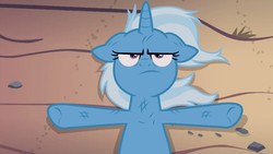 Size: 1280x720 | Tagged: safe, screencap, trixie, pony, unicorn, g4, road to friendship, annoyed, female, mare, on back, solo