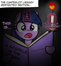 Size: 787x845 | Tagged: safe, artist:artiks, twilight sparkle, pony, g4, atg 2018, book, candle, dialogue, fanfic, female, mare, newbie artist training grounds, solo