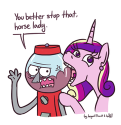 Size: 655x676 | Tagged: safe, artist:dsp2003, artist:jargon scott, princess cadance, alicorn, pony, g4, benson, collaboration, comic, cross-popping veins, crossover, female, gumball machine, licking, male, mlem, regular show, silly, single panel, this will end in tears, tongue out