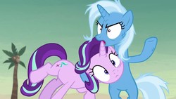 Size: 1280x720 | Tagged: safe, screencap, starlight glimmer, trixie, pony, unicorn, g4, road to friendship, coconut tree, duo, duo female, female, mare, messy mane, out of context, palm tree, tree