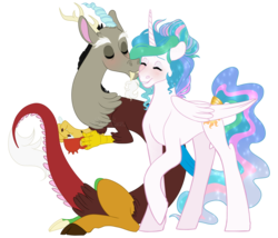 Size: 1600x1371 | Tagged: safe, artist:whisperseas, discord, princess celestia, draconequus, pony, g4, alternate hairstyle, cheek kiss, cute, discute, ethereal mane, female, flowing mane, hair bun, kissing, male, mare, missing accessory, ship:dislestia, shipping, simple background, straight, transparent background, watermark
