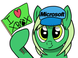 Size: 1720x1300 | Tagged: safe, artist:tazool, oc, oc only, oc:natal, earth pony, pony, bust, cap, cute, eyelashes, fan, female, flag, green eyes, green hair, happy, hat, heart, hoof hold, logo, love, mare, microsoft, portrait, simple background, smiling, solo, transparent background, xbox