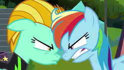 Size: 1280x720 | Tagged: safe, screencap, lightning dust, rainbow dash, g4, the washouts (episode), angry, boop, duckface, gritted teeth, noseboop, pouting, rainbowsnap, reunion, rivalry, washouts uniform