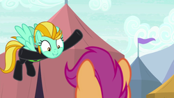 Size: 1280x720 | Tagged: safe, screencap, lightning dust, scootaloo, pegasus, pony, g4, the washouts (episode), clothes, duo, female, filly, mare, uniform, washouts uniform