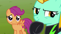 Size: 1280x720 | Tagged: safe, screencap, lightning dust, scootaloo, pegasus, pony, g4, the washouts (episode), chin stroke, clothes, cute, duo, female, filly, mare, uniform, washouts uniform