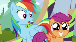 Size: 1280x720 | Tagged: safe, screencap, rainbow dash, scootaloo, pegasus, pony, g4, the washouts (episode), cute, cutealoo, duo, faic, female, filly, mare, squee, wide eyes