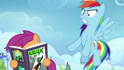 Size: 1280x720 | Tagged: safe, screencap, lightning dust, rainbow dash, scootaloo, pegasus, pony, g4, the washouts (episode), book, duo, female, filly, flying, mare, reading